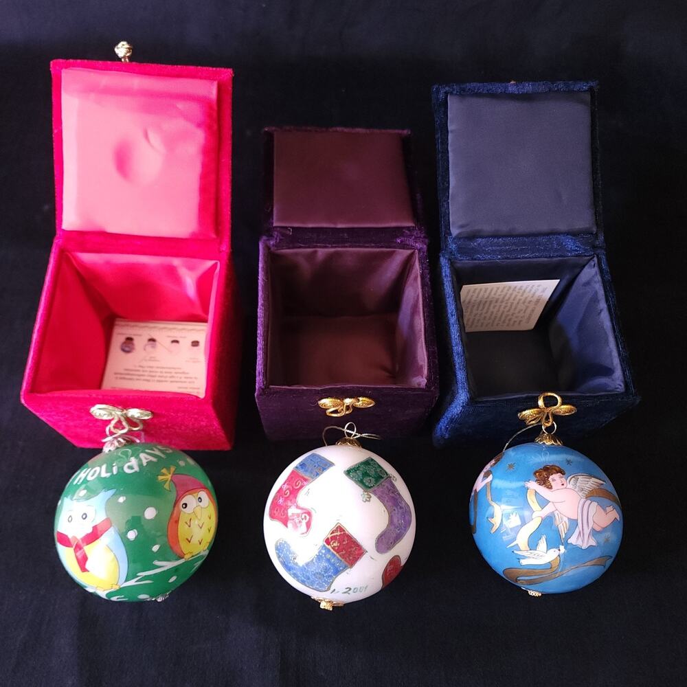 3 Set Li Bien Reverse Hand Painted Glass Ornament Christmas Angels Owls Holiday